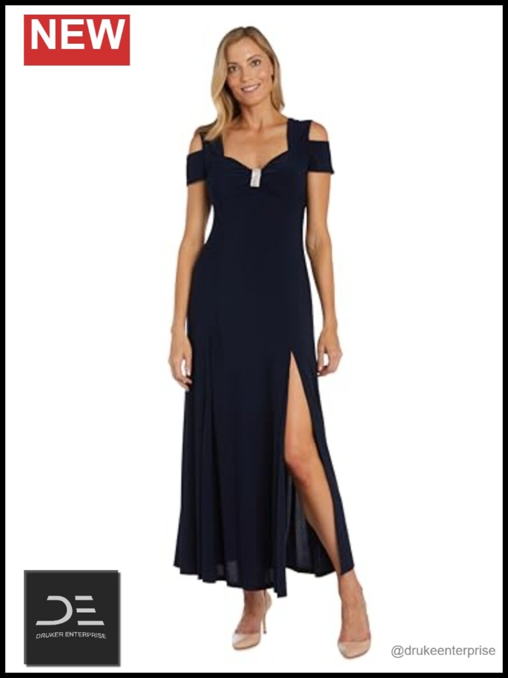 Cold Shoulder Evening Gown Rhinestone Slit